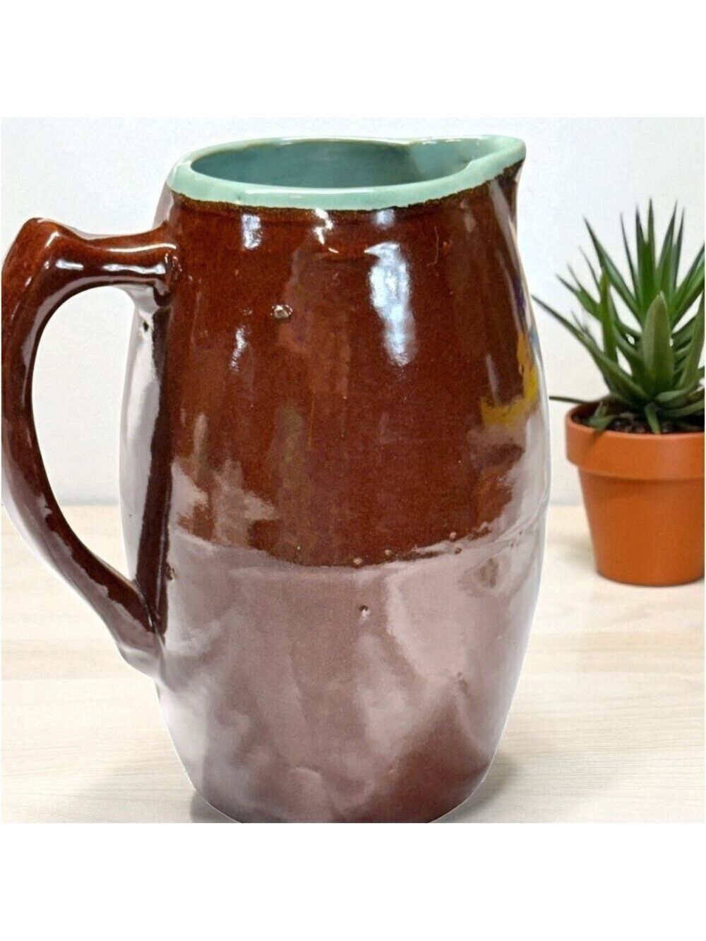 Vintage Brown Turquoise Art Stoneware Ceramic Pitcher 8 in